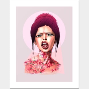 Young cute girl with beautiful color hair with peonies tattoo. Posters and Art